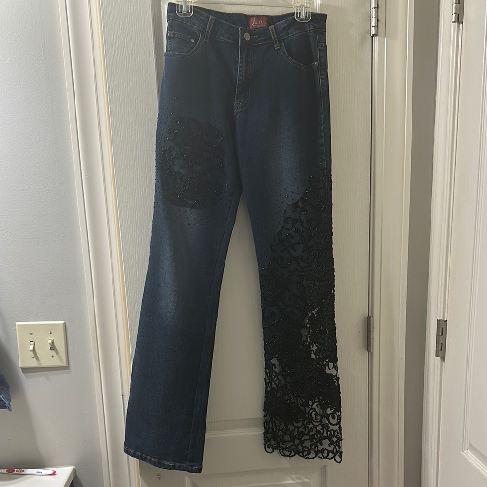 Women's Blue Jeans with Black Lace Detail